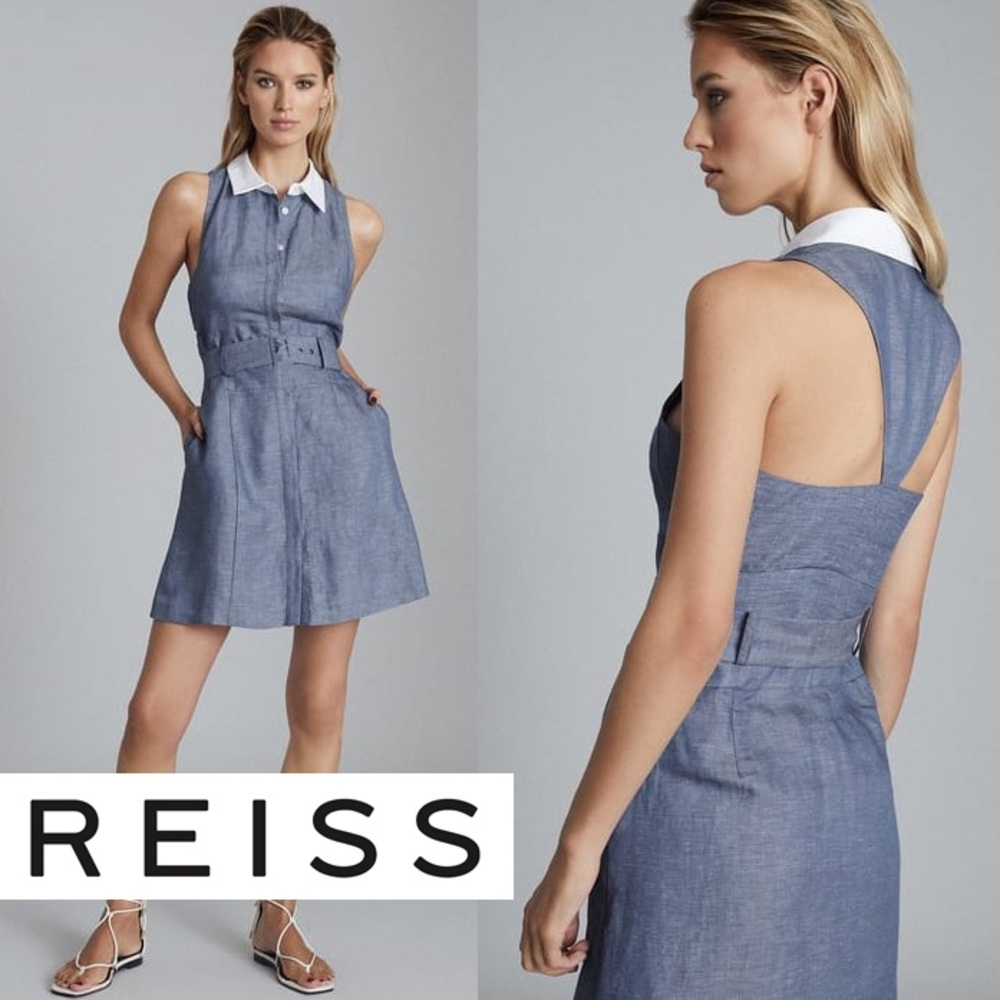 Reiss Mira Chambray Linen Blend Contrast Collar Mini Dress XS (US 2)